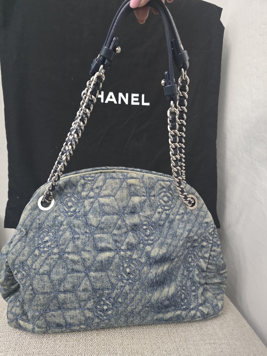CHANEL Handbags - AUTHENTIC Chanel Denim Camellia Just Mademoiselle Bowler Bag